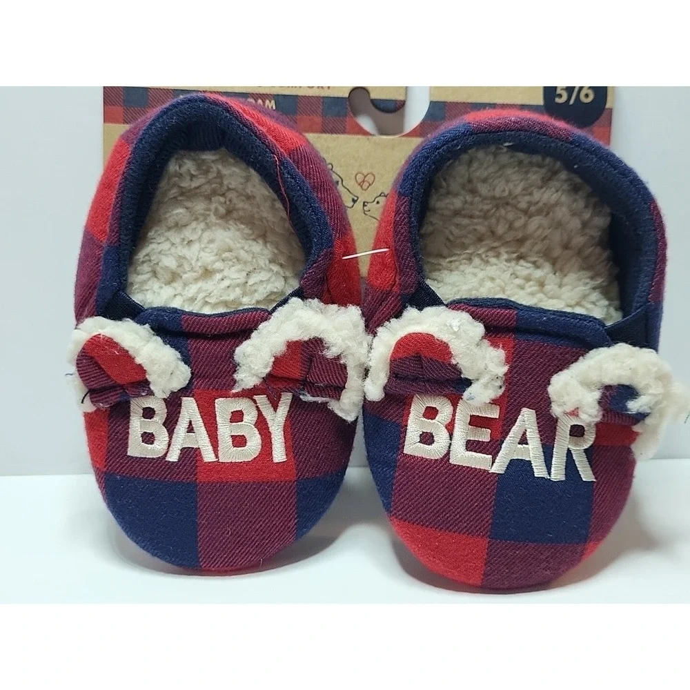 Dearfoams Baby Bear Plaid Christmas Bootie Slippers 5-6 Sherpa Lined - Picture 2 of 6